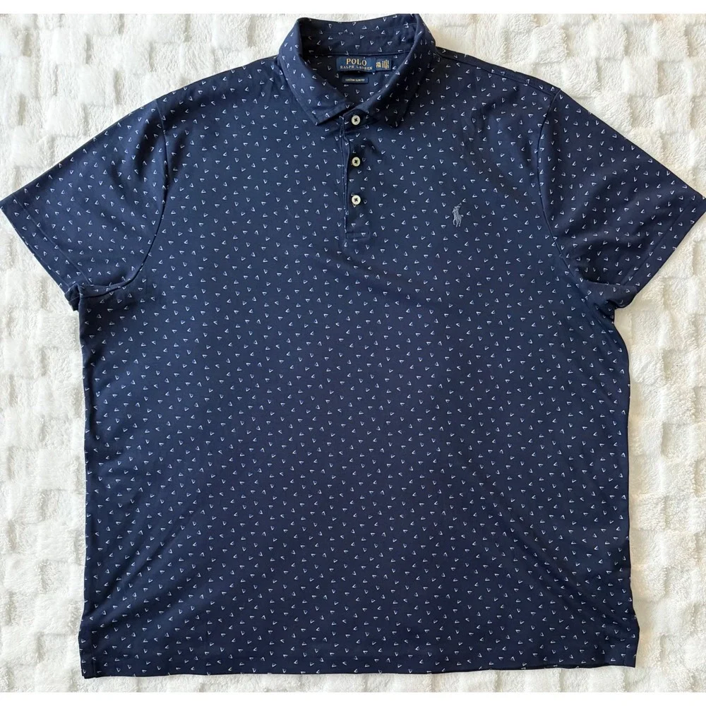 Polo Ralph Lauren Mens XXL Custom Slim Fit Navy Blue Geometric Polo Shirt - EUC